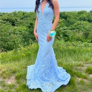 Sherri Hill Light Blue Lace Gown 55392
